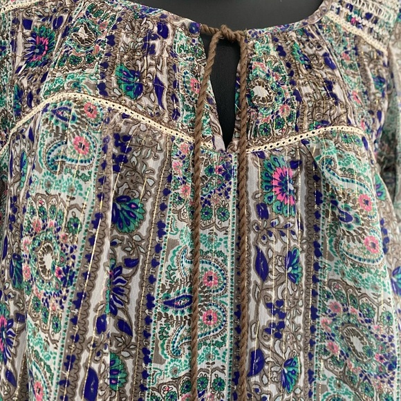 American Eagle Tie Front Printed Long Sleeve Boho Sheer Light Blouse Size XS - Picture 2 of 8